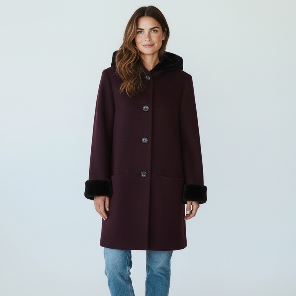 VTG Albert NIPON STUDIO Burgundy Wool Hooded Coat Velvet Fur Trim USA Made Sz 14